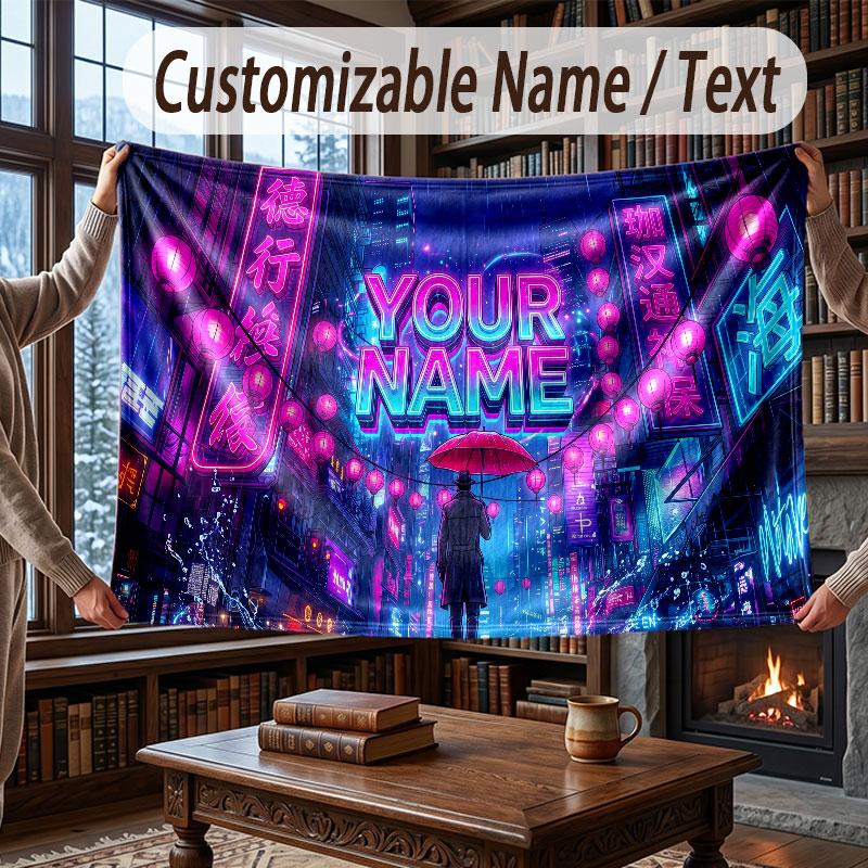 City Cyberpunk Theme Throw Blanket Custom Name Text Personalized Blanket Soft Cozy Blanket for Home Sofa Bed