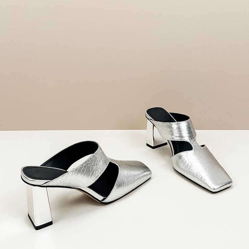 Fashion Summer New Pumps Women's Sandals Outside Natural Leather Cracked Slippers Female Fashion Square Toe Mules High Heel Slides Shoes