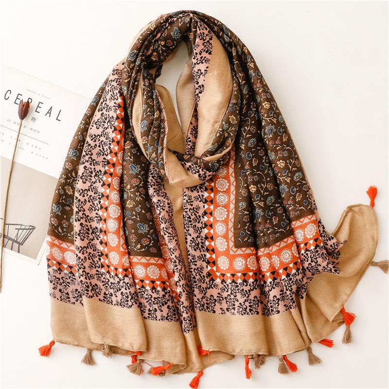 New Autumn Fashion Women Viscose Scarf Lovely Vintage Floral Tassel Hijab Shawls And Wraps Foulard Echarpe Muslim Sjaal 180*90Cm