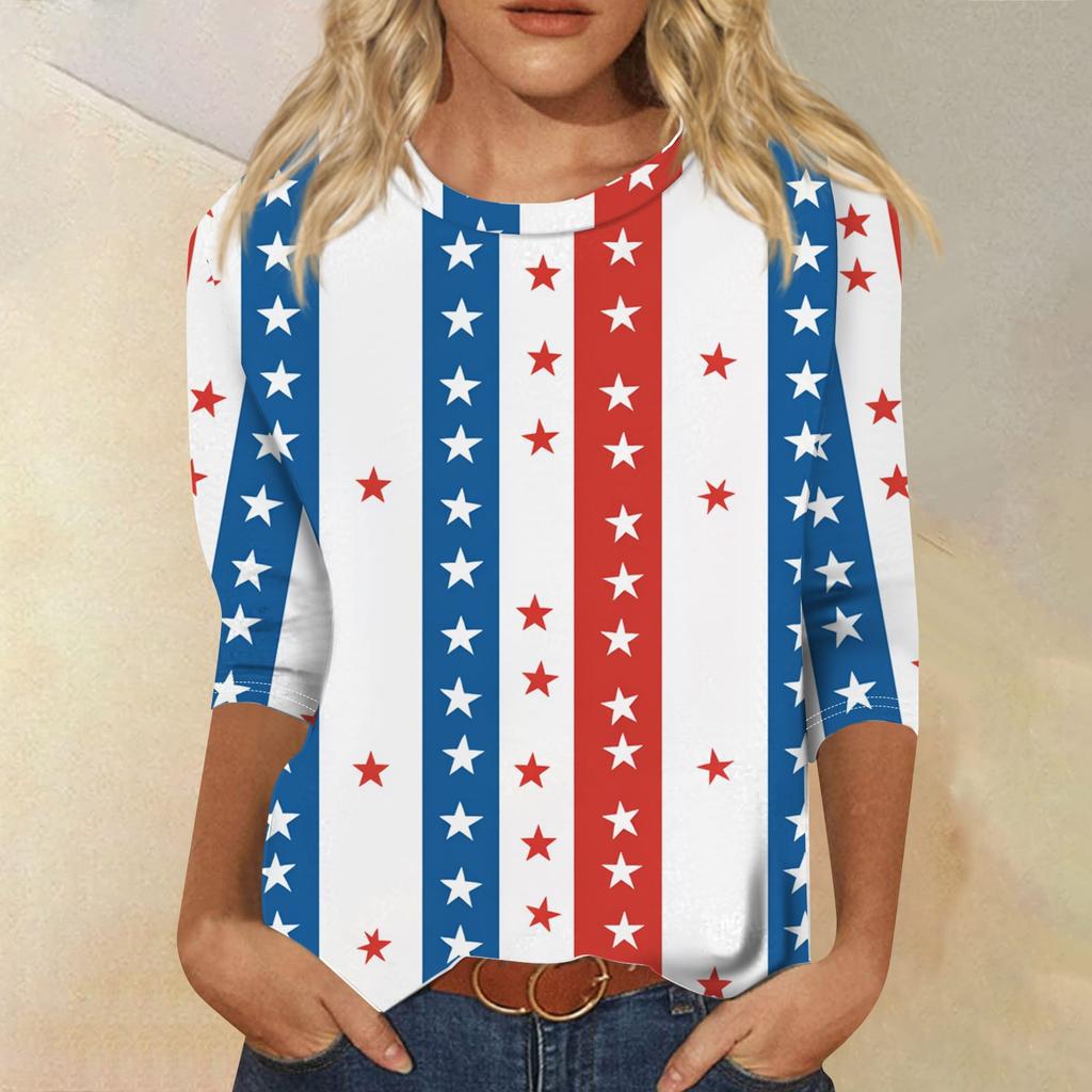 Women's Fashion Casual 3/4 Sleeve Independence Day Printed Round Neck Pullover Top