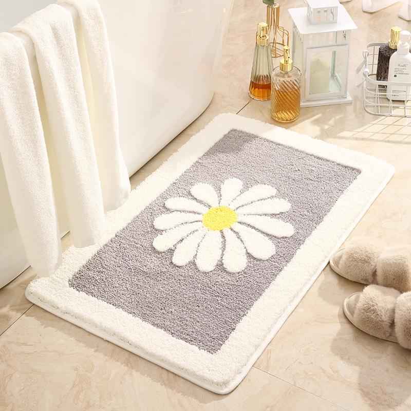 Inyahome Daisy Flower Bath Rugs Fluffy Soft Fiber Mat Non Slip Bathmat Plush Bathroom Rug for Bathroom Shower Room Floor Carpets