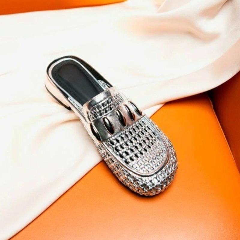 Women's Hollow Bow-top Slippers Summer New Round Head Deep Mouth Metal Buckle Soft Sole Non-slip Mid-heel Shoes