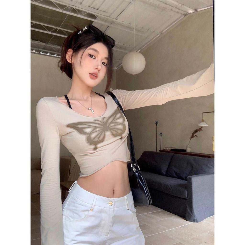 Taiwan Spicy Girl Butterfly Print Long Sleeve Collarbone T-shirt for Women