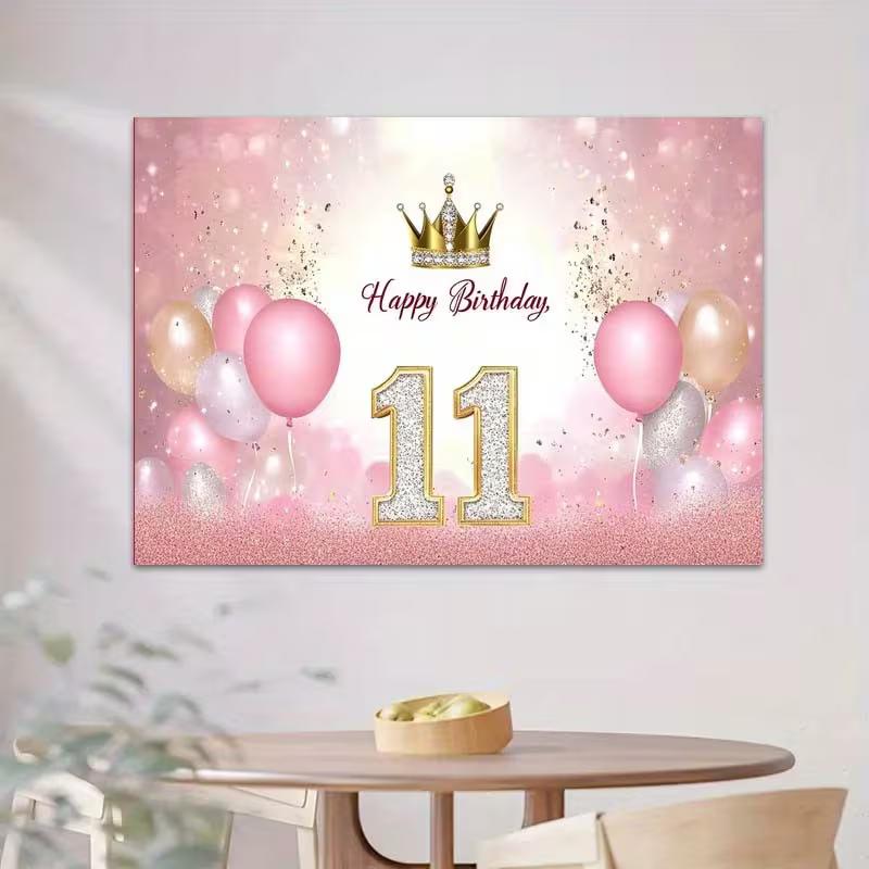 2D Happy 11th Birthday Backdrop Pink Gold Glitter Balloon Banner