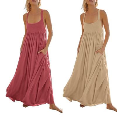 Women's  Summer Sleeveless Dress  Pleated   Casual Maxi Dresses With Pockets