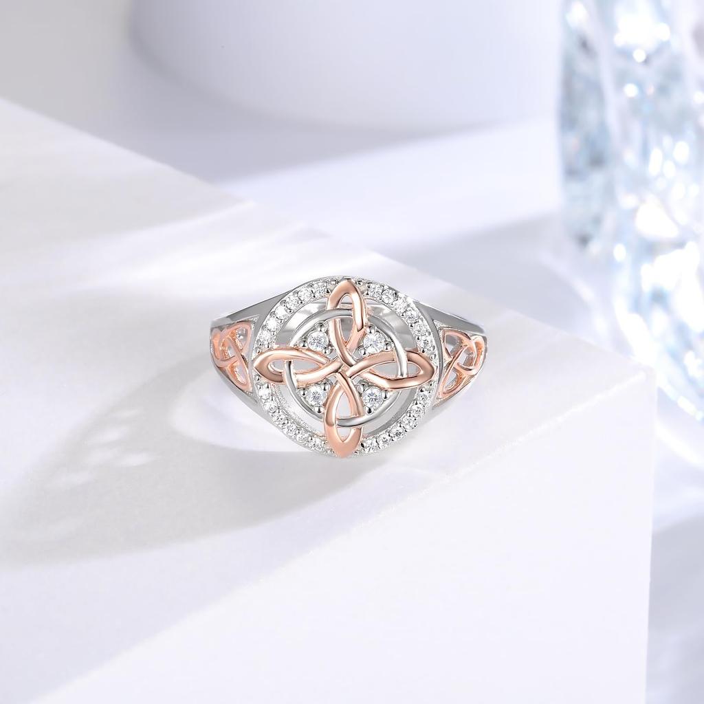 Sterling Silver Celtic Knot Ring with Round Cubic Zirconia Accents and Rose Gold Plated Detailing for Women and Girls