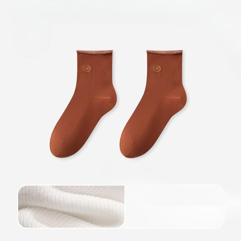 Female Autumn Lovely Flower Embroidery 10A Class Antibacterial Deodorant Roll Edge Loose Boneless Tube Socks