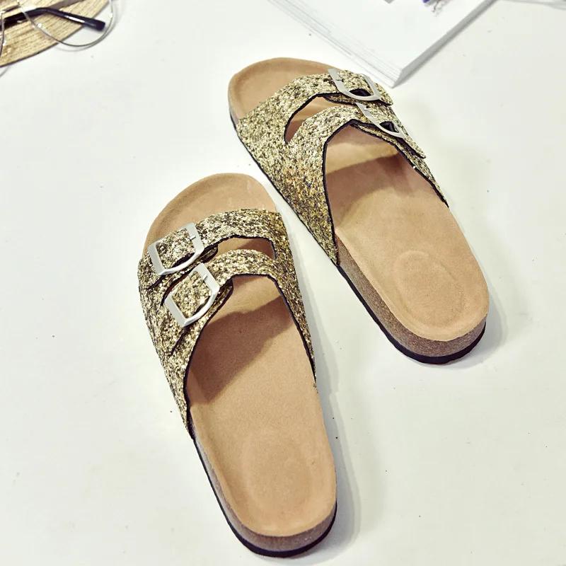 2024 New Summer Trend Sequins Parent-child Children's Slippers Women's Double Buckle Flip Flops Cork Slippers Women's Sandals
