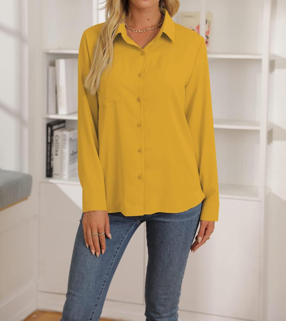 2025 Solid Color Women's Fashion Lapel Long Sleeve Shirt - Spring/Summer Temperament Casual Style