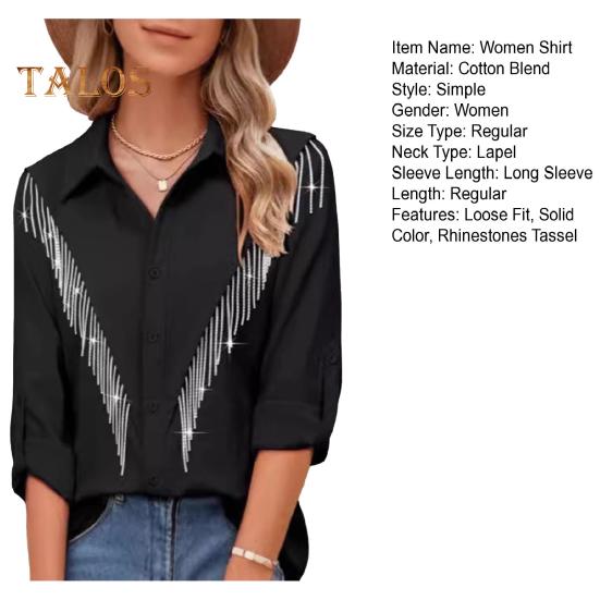 Women Shirt Lapel Long Sleeve Buttons Placket Shirt with Rhinestones Tassel Solid Color Loose Fit Casual Shirt