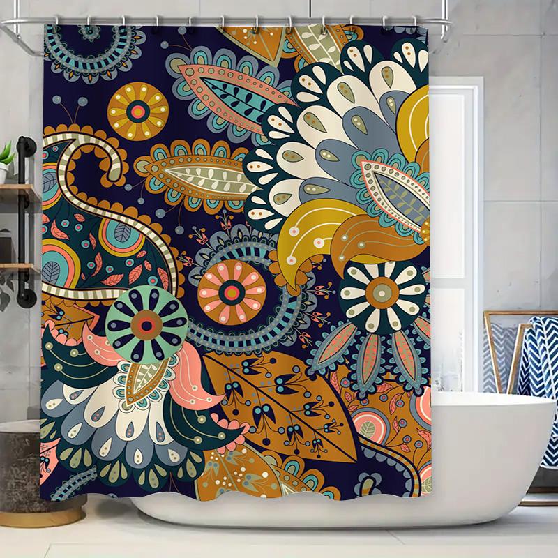 

Colorful Floral Shower Curtain Dark Blue Background With Yellow Orange Accents 180 X 243Cm Bathroom Decor Hanging Liner W60H190(CM)-1 Pcs