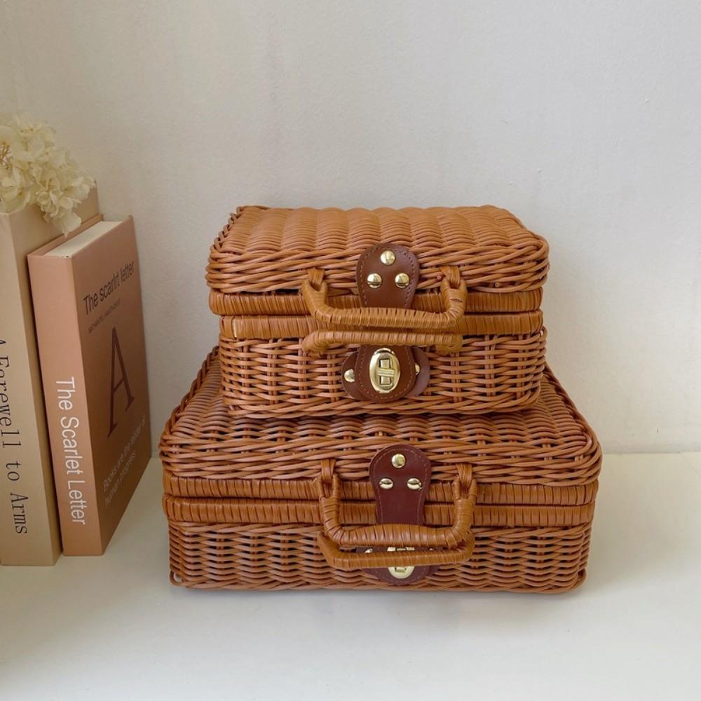 New Portable Rattan Woven Box with Handle Decorative Rattan Storage Box Suitcase Woven Picnic Box Organizer