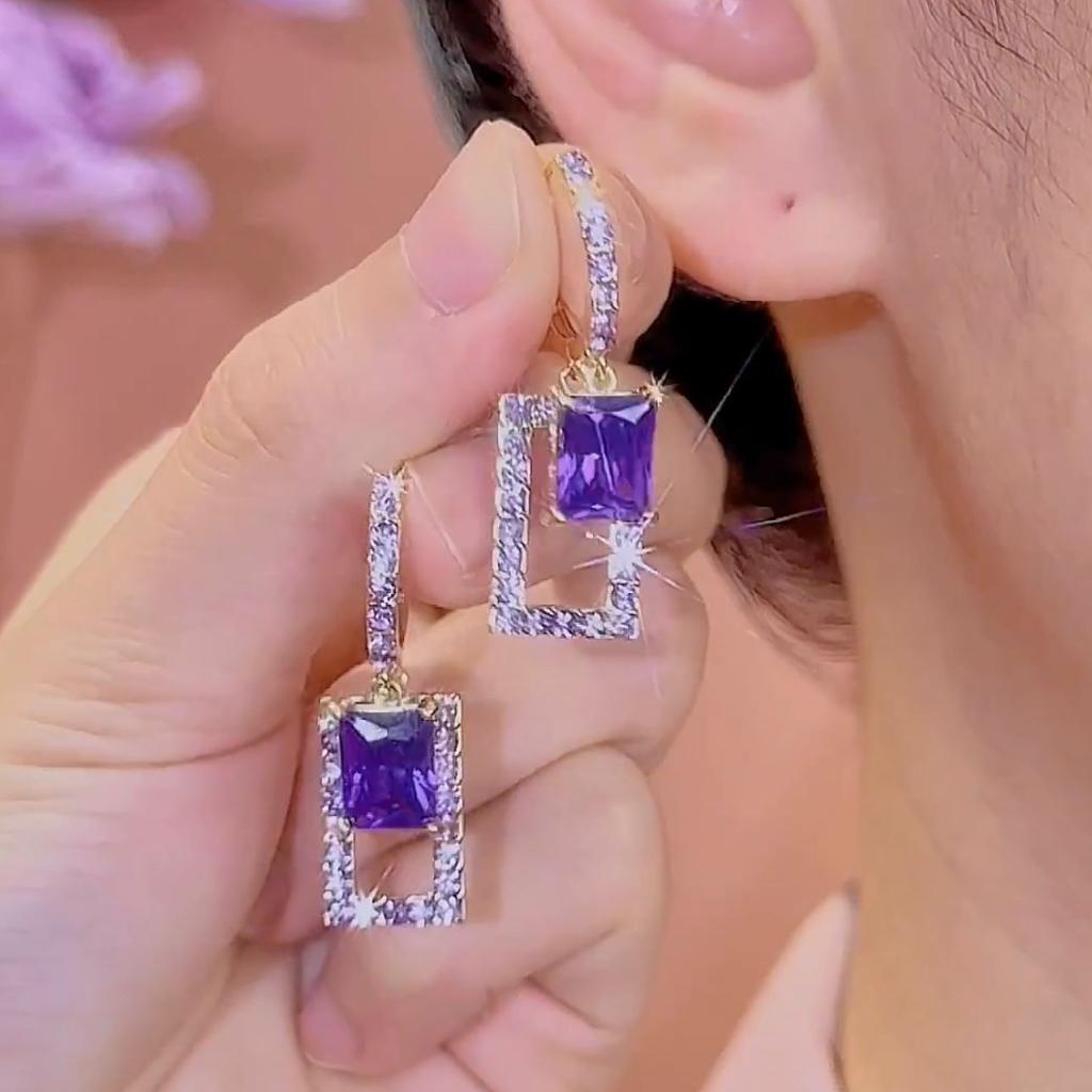 Vintage Purple Square Rhinestone Ear Clips Minimalist Elegant Earrings for Round Square Faces