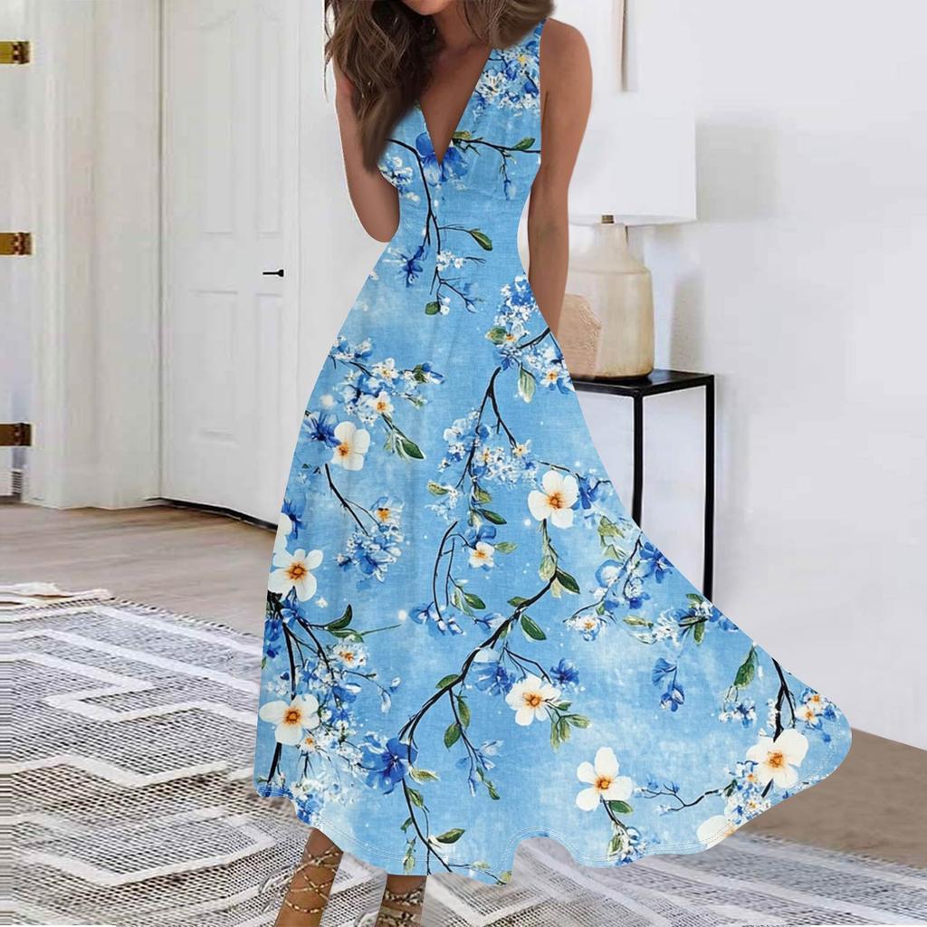 Mote dame avslappet løs V-hals ermeløs trykt kjole