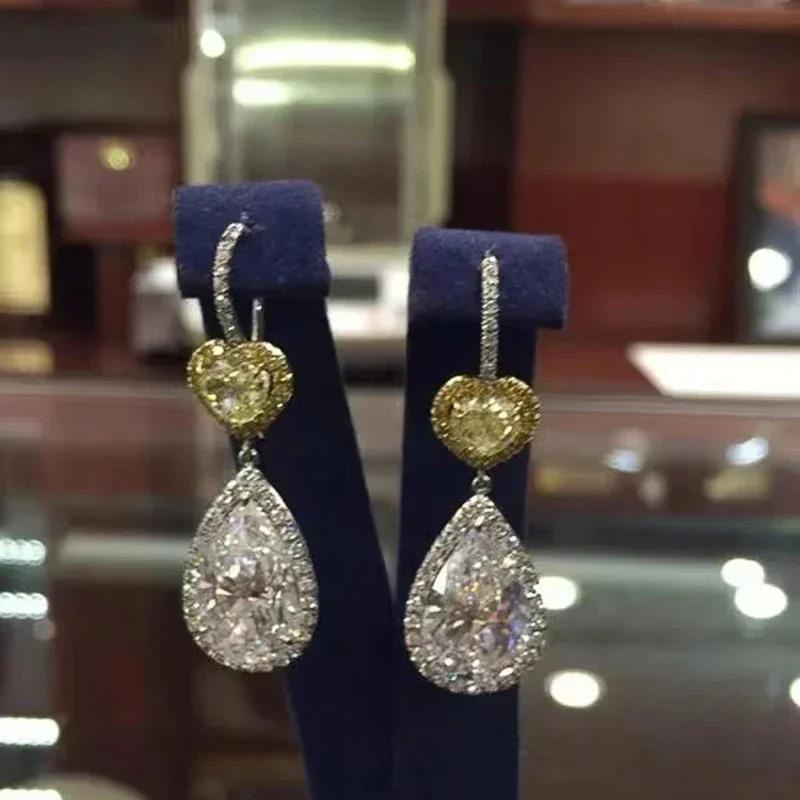 Luxury Big Water Drop Cubic Zirconia Dangle Earrings For Women Two-Tone Yellow Heart Elegant Wedding Party Jewelry