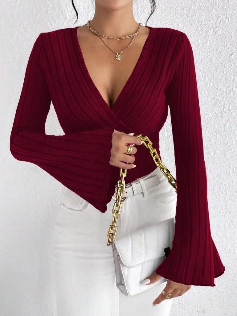 Women's V-Neck Ribbed Slim Long-Sleeve Autumn/Winter T-Shirt