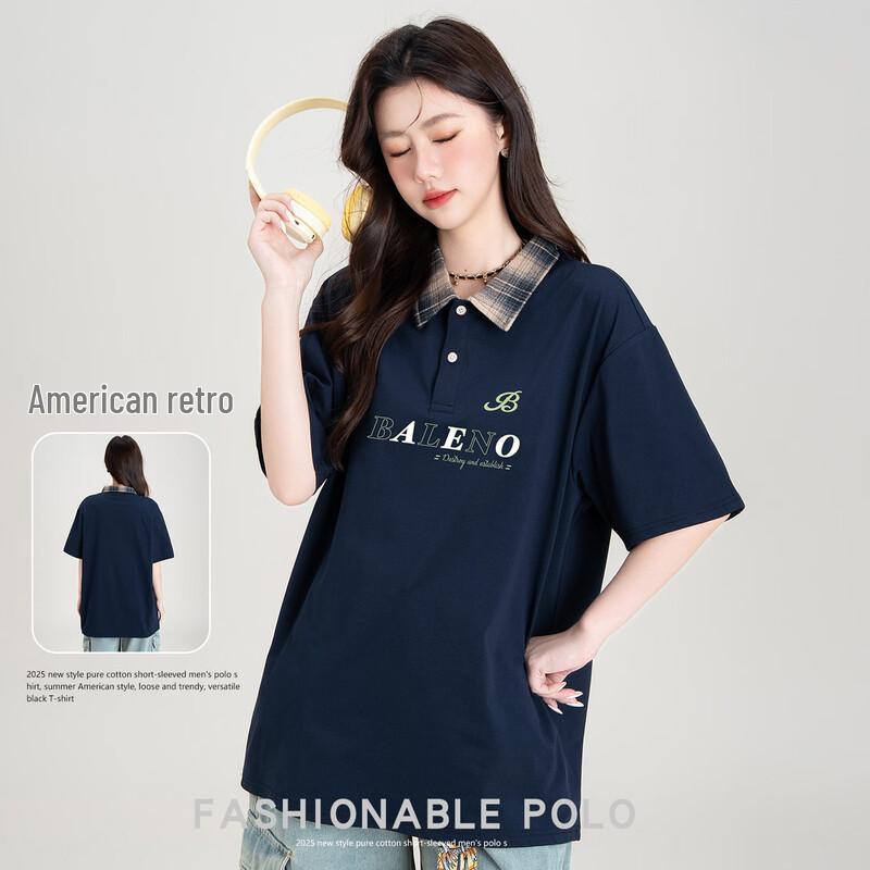 Baleno Women s Plaid and Letter Print Short Sleeve Polo T-Shirt M