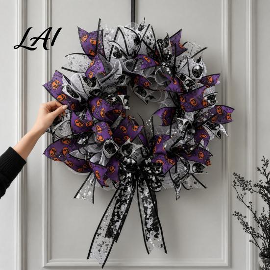 Halloween Decoration Mesh Ribbon Wreath for Front Door Spooky Skull Pumpkin with Door Bow Purple Black Stripe Decorative Garland Doors Walls Windows