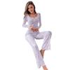 Women's Floral Print Long-Sleeve Pajamas Set with Rolled Edge
