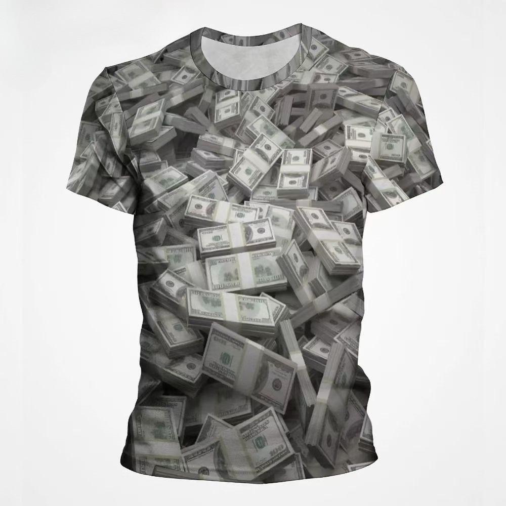Summer Men's Round Neck Short Sleeved T-shirt Comfortable Fashionable Breathable Sweat Absorbing Money Pattern 3D Printed Loose Large T-shirt