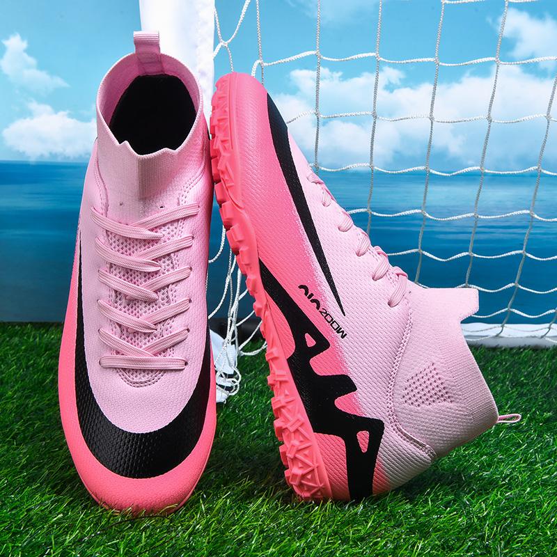 Unisex Football Boots Original Pink Women High Ankle Sports Shoes FG/TF Youth Cleats Professional Men occer Training Sneakers