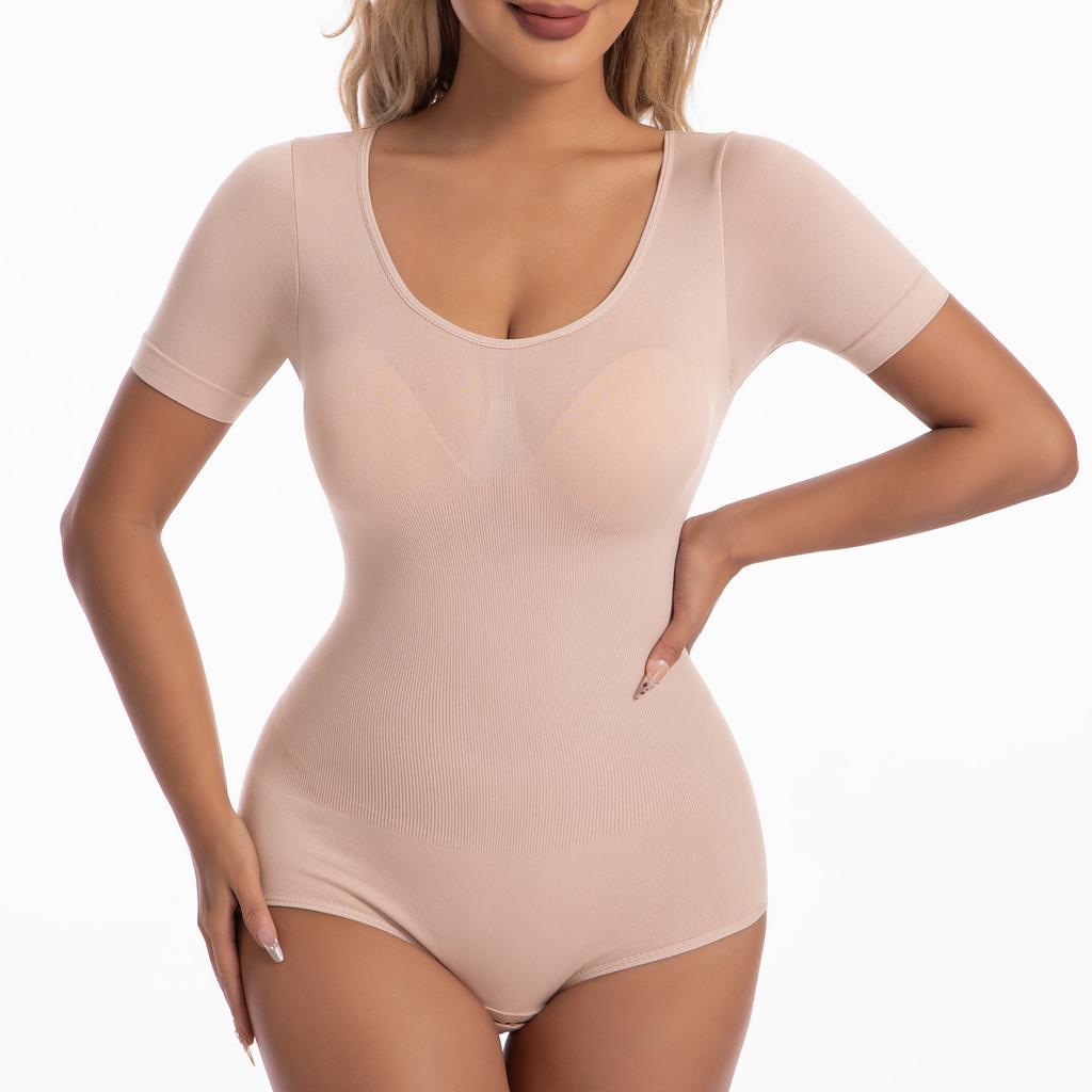 Damen Kurzarm Body Shapewear zur Bauchkontrolle Nahtlose T-Shirts Taillentrainer Schlankmachender Body Shaper Tanktops