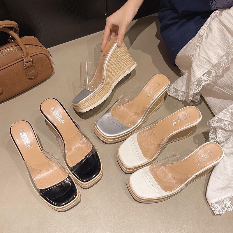 One Word with Transparent Outer High Heel Waterproof Table Thick Heel Cool Slippers 2025 New Women's Summer Outer Wear