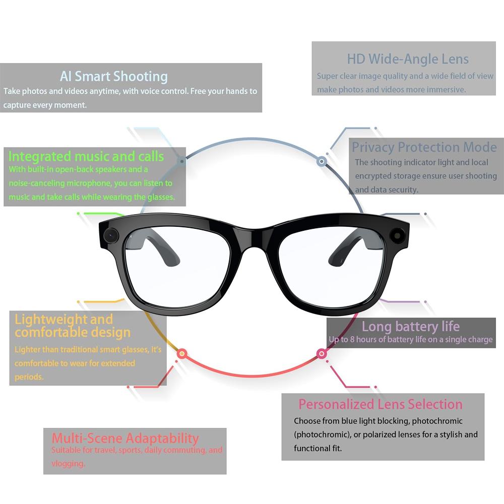 New Smart Glasses with AI Translator 8MP Camera 4K HD Take Videos and Photo Sunglasses BT Call for Men Women Fashion Glasses Wireless Music Playback