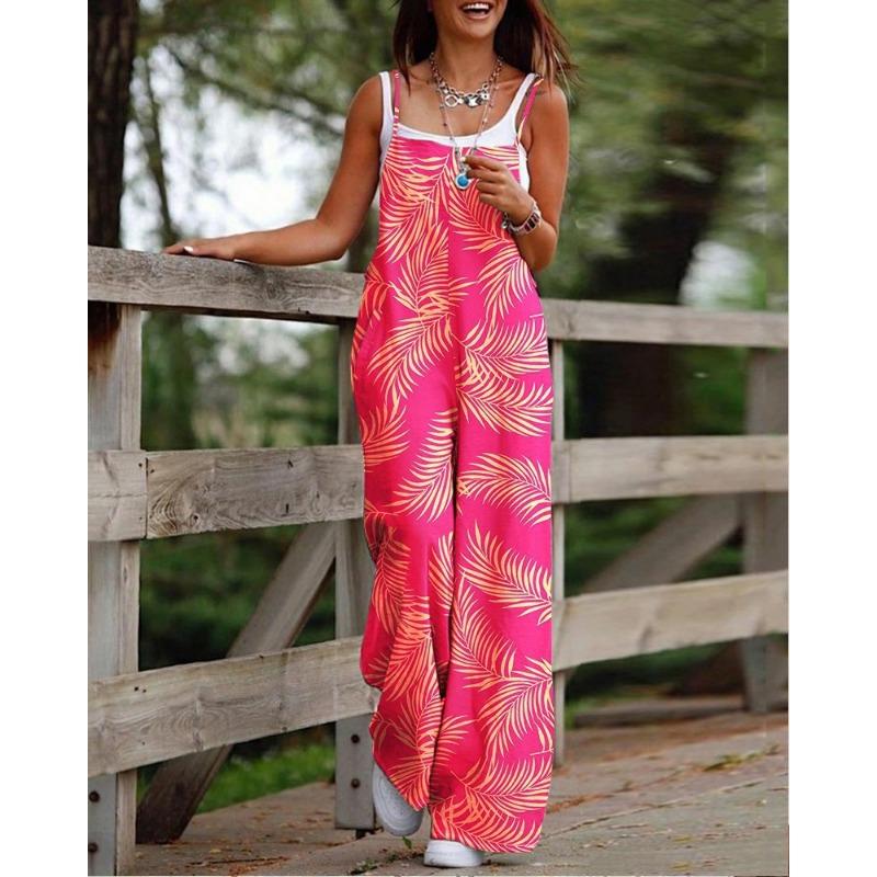 Women's Fashion Printed Camisole Pocket Wide Leg Jumpsuit