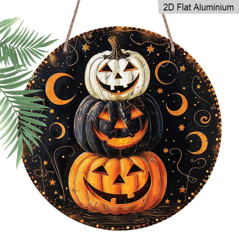 2D Flat, 1pc Round Aluminum Hanging Sign, Halloween Wall Decor-Retro Pumpkin Magic Night Metal Art with Glowing Pumpkin Lanterns, Bats And