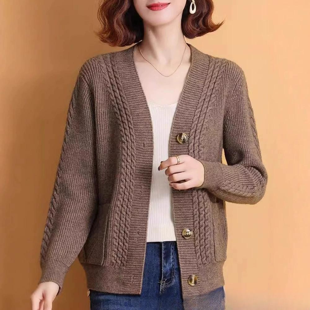 Knitted Cardigan Women's Spring and Autumn V-neck Outerwear Women's Loose Long Sleeved Loose Versatile Knitted Sweater Jacket