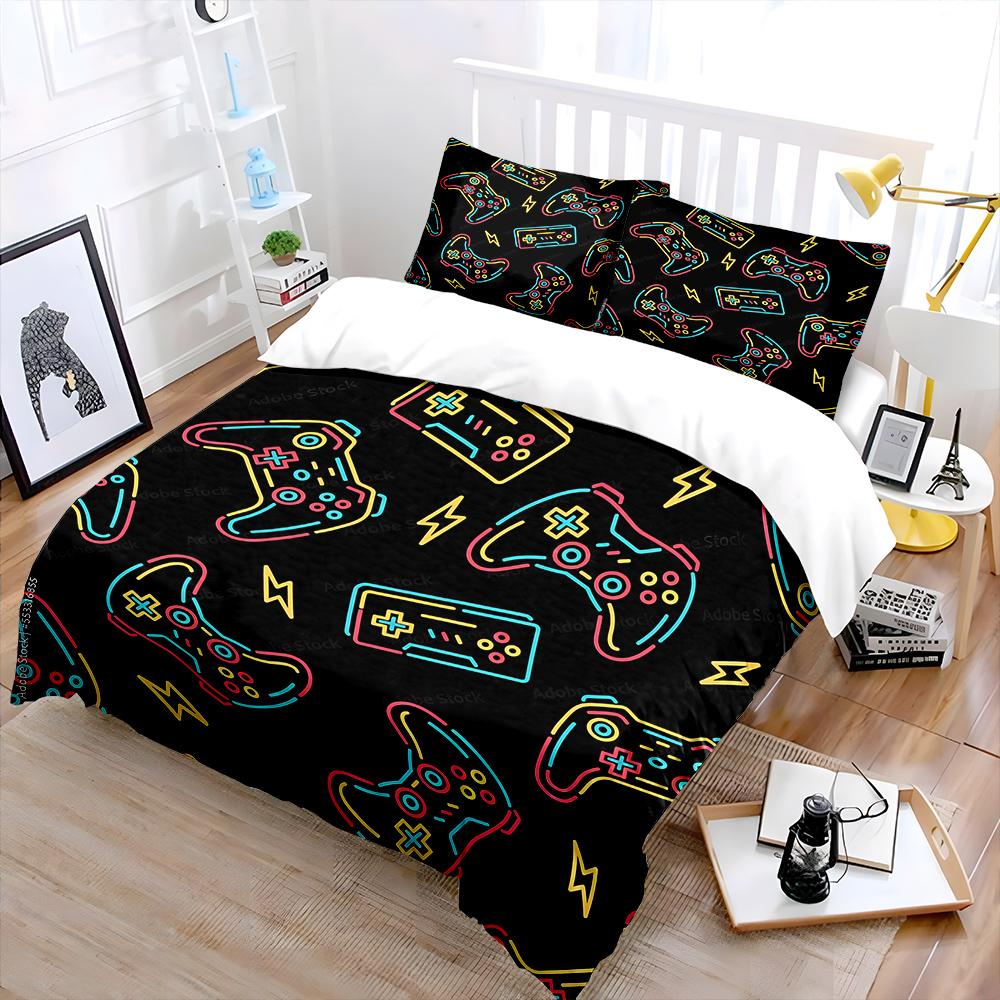 Colorful Neon Game Controller Print Bedding Set For Kids Luxury Gift 3Pc Digital Print Comforter Set Soft Comfortable Breathable EU Twin 135X200cmset