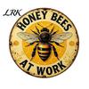 Easy Hang Metal Sign Honey Bee Round Sign, Bees at Work Retro Wall Hanging Plaque Decor for Cafe Bar Pub Home Art Walls