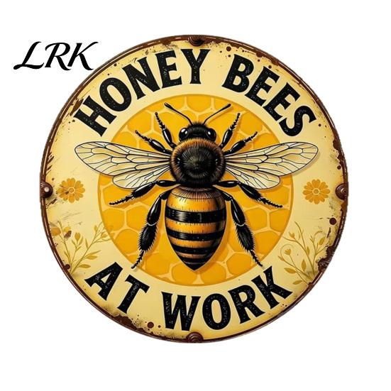 Easy Hang Metal Sign Honey Bee Round Sign, Bees at Work Retro Wall Hanging Plaque Decor for Cafe Bar Pub Home Art Walls