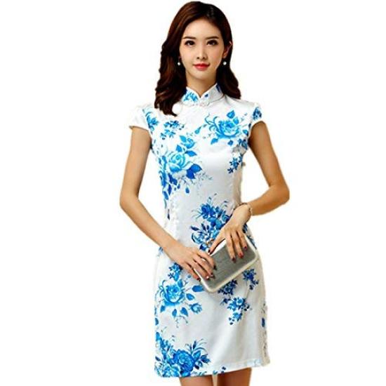 Mini-length Chinese dress with short sleeves (M)