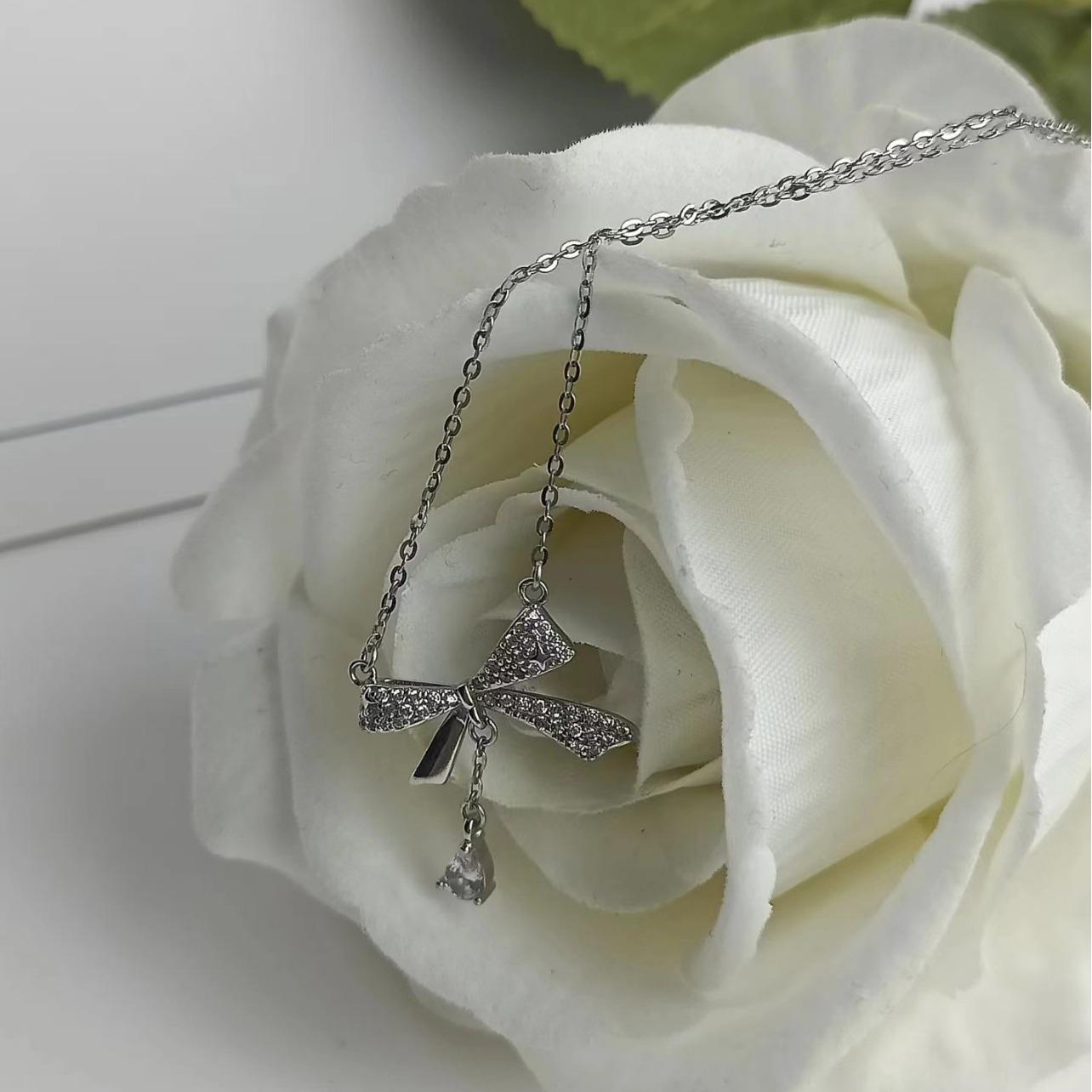 Sterling Silver Romantic Knot Bow Tassel Necklace - Light Luxury Gift for Girlfriend 925 Sterling Silver