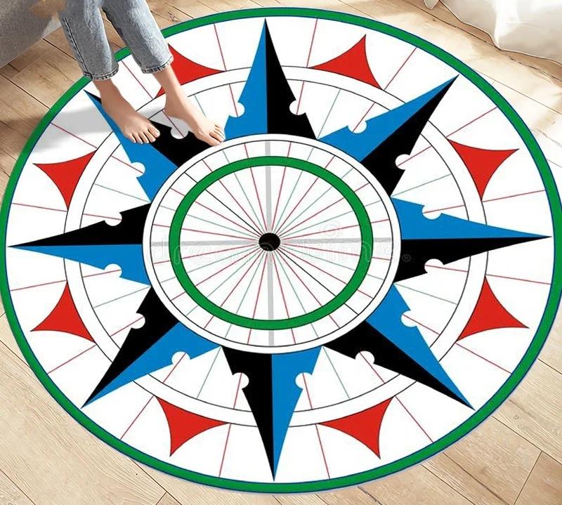 Kompass Schwarz Rund Teppich Bereichsteppich Teppiche für Wohnzimmer Schlafzimmer Heimdekoration Fußmatten Kinder Spiel Rutschfeste Küchenfußmatten