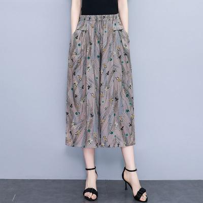 Summer Middle-aged and Elderly Cotton Silk Flower Pants Children's Seven Inch Wide Leg Pants Elastic High Waisted Loose Oversized Skirt Pants