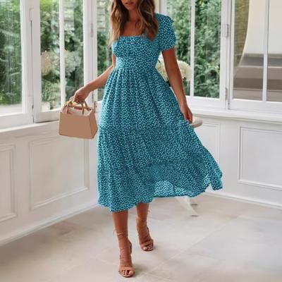 Women's Summer Floral Dress Short Sleeve Square Neck Ruffle Tiered Swing A Line Dress Casual Flowy Boho Beach Sundress