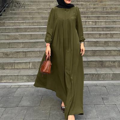 Women Round Neck Long Sleeve Loose Vintage Long Dress