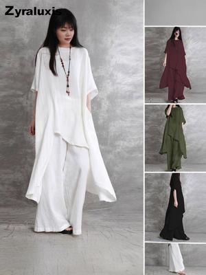 Conjunto Deportivo de 2 Piezas de Algodón y Lino Talla Grande para Mujer Top de Manga Corta con Cuello Redondo Pantalones Conjunto Dopamina