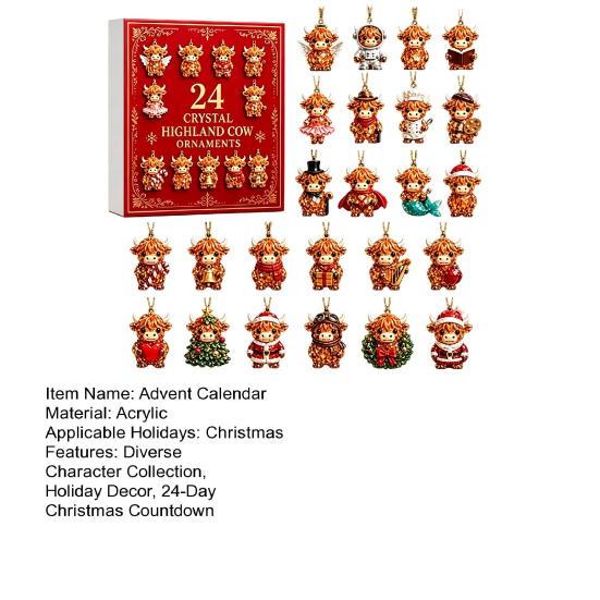 Creative Advent Calendar Gift Highland Cow Calendar, 24 Pcs Acrylic Hanging Ornaments for Christmas Holiday Countdown Box Tree Decoration, Festive