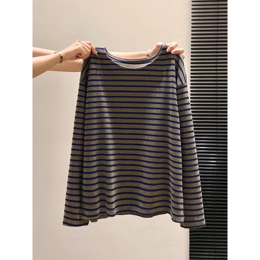 Women's Loose-Fit Color-Block Stripe Long Sleeve T-Shirt, Perfect for Spring and Autumn Layers, Casual Innerwear.
