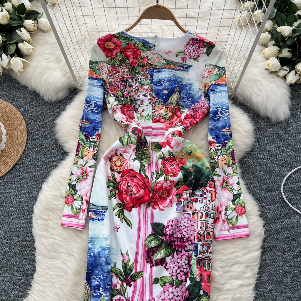 Spring Autumn Women Designer Vintage Print Runway Dresses O-neck Long Midi Office Party Slim Pencil Dress