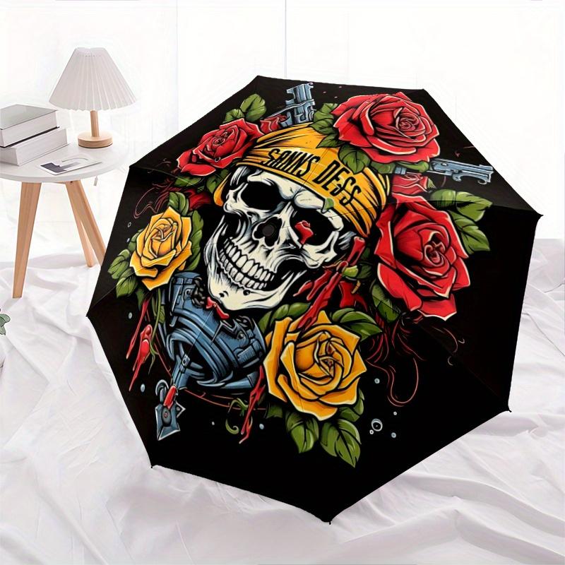 

1pc Skull with Bandana and Roses Pattern Automatic, 8 Iron Frames, High-Value Folding Umbrella, Suitable for Office, Travel and Outdoor Adventure.Z075