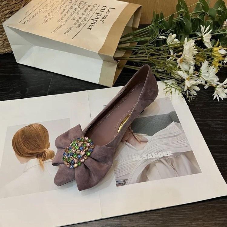 Wiosna i Jesień szpilki z kokardką i cyrkoniami damskie nowy minimalistyczny styl jednokolorowe miękka skóra do pracy damskie lekkie buty na płaskiej podeszwie