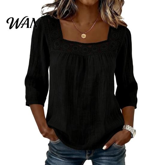 Skin-friendly Fabric Shirt Women Square Collar 3/4 Sleeve Pure Color Casual Loose Fit Tops Blouse Lace Splicing Summer Breathable