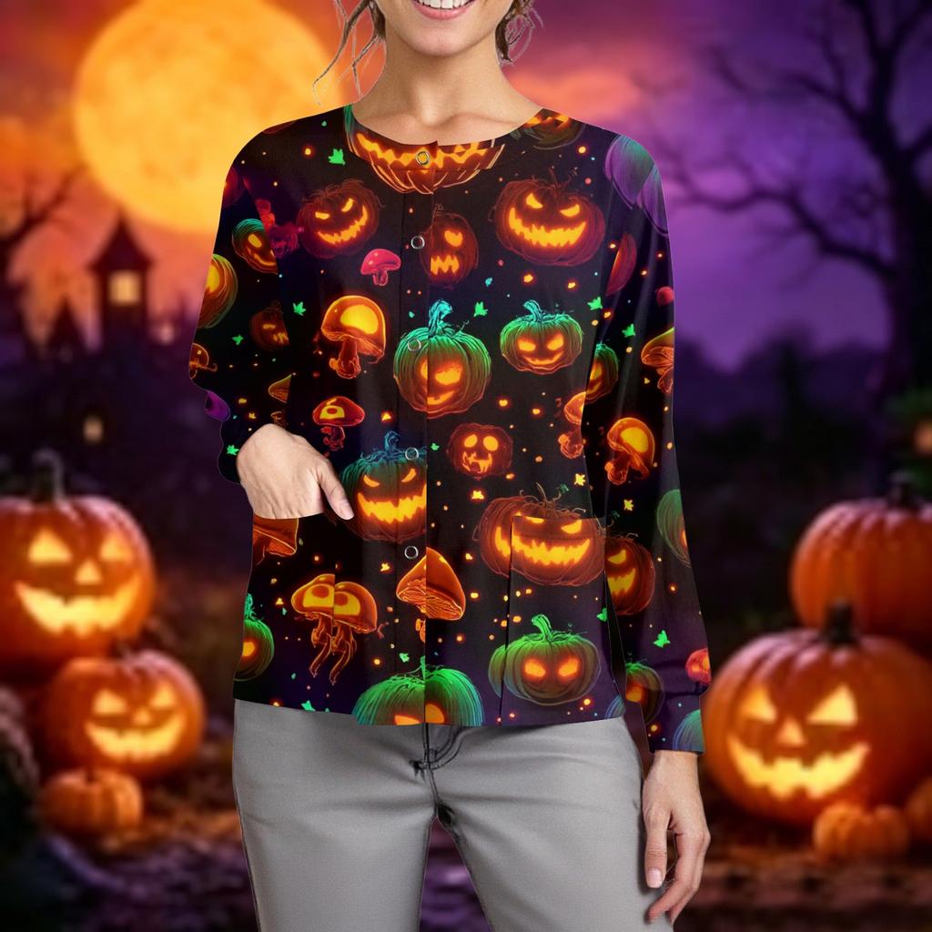 Women Casual Long Sleeve Button Up Cardigan Halloween Print Nurse Scrub Top Lightweight Comfortable Fit