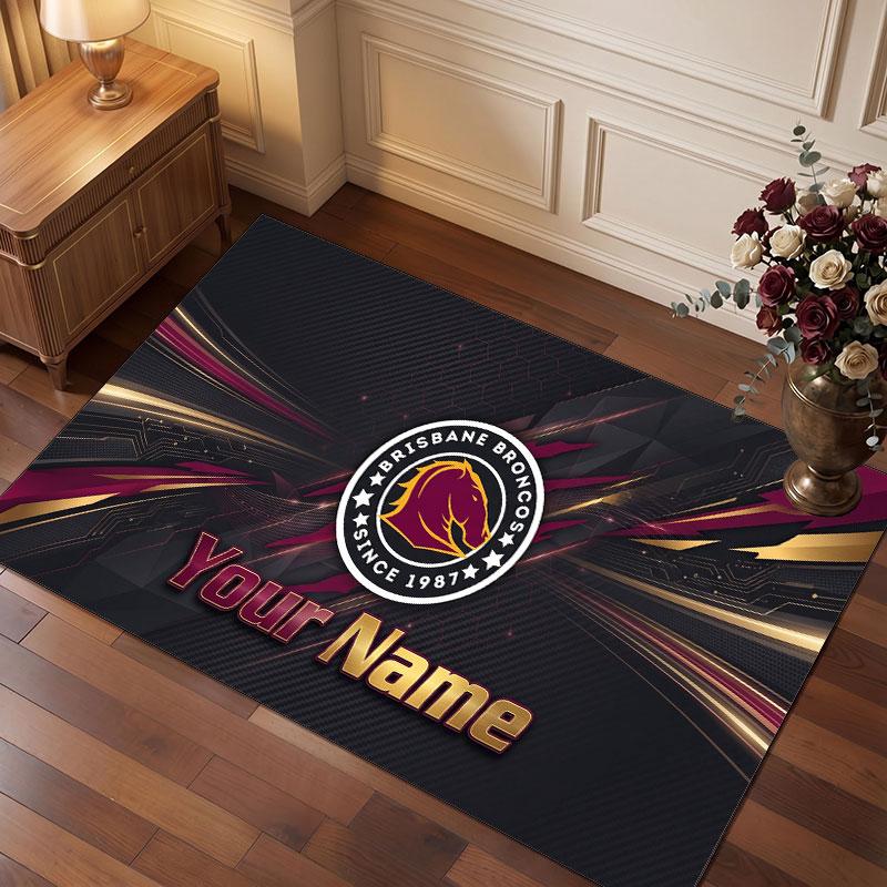 Brisbane Broncos Personalisierter Kristall-Samt-Teppich, Benutzerdefinierter Name Text Weicher Anti-Rutsch-Teppich für Wohnzimmer Schlafzimmer
