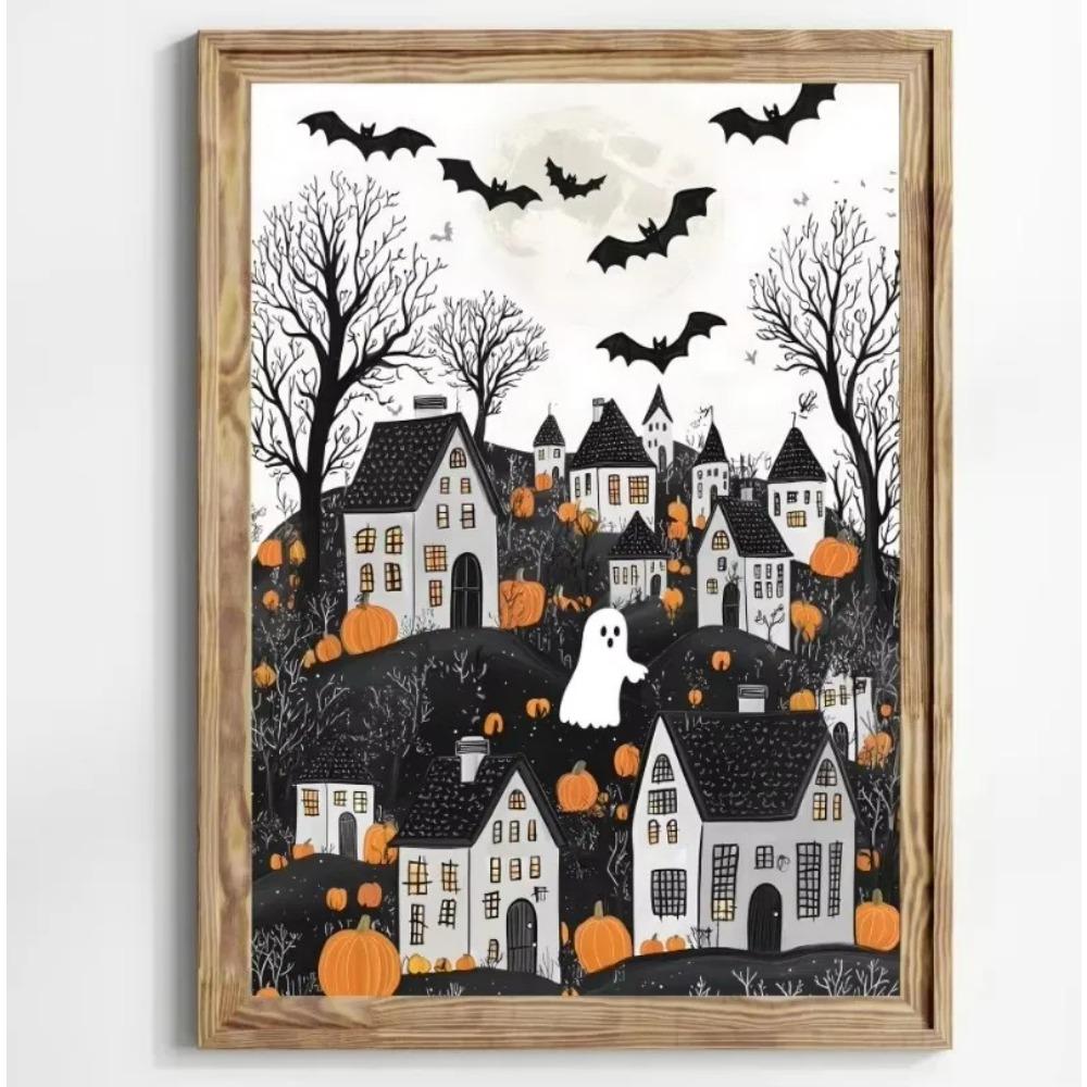 Stampa su Poster Foresta Gatto Nero Fantasma Fiori Selvatici Pittura su Tela Zucca Halloween Spettrale Arte Dark Academia Stanza Arredamento Casa